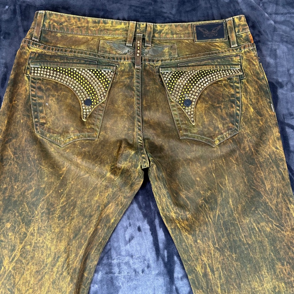 Robin's Jean Denim Jeans Mens 40 Yellow Acid Wash Studded Wing Distressed - Picture 12 of 14